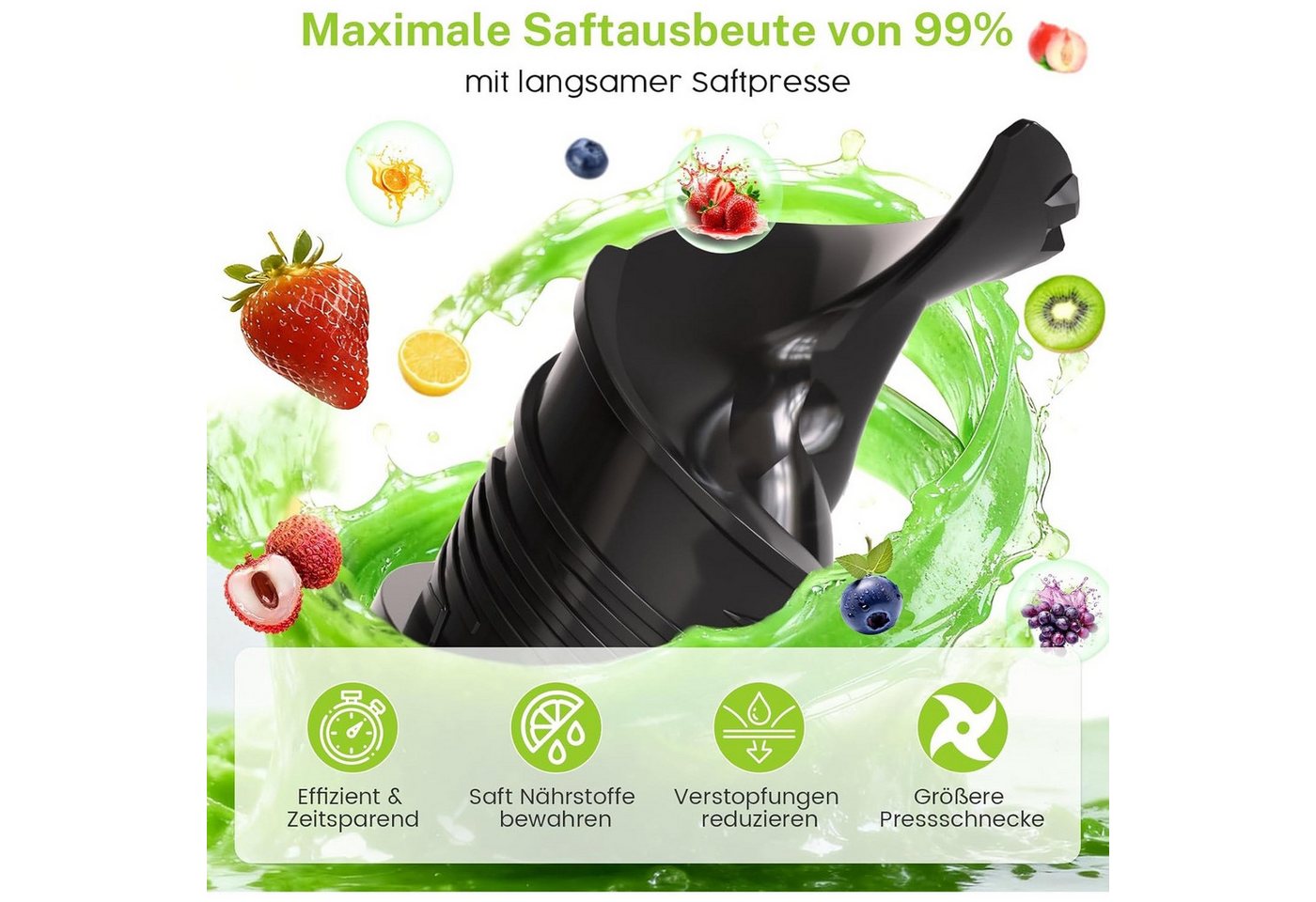Kismile Entsafter mit modernem Touchscreen, 135 mm XXL-Einfüllschacht, 300 W, Hohe Saftausbeute für Gemüse & Obst, Schlankes Design – Bild 3 von 5