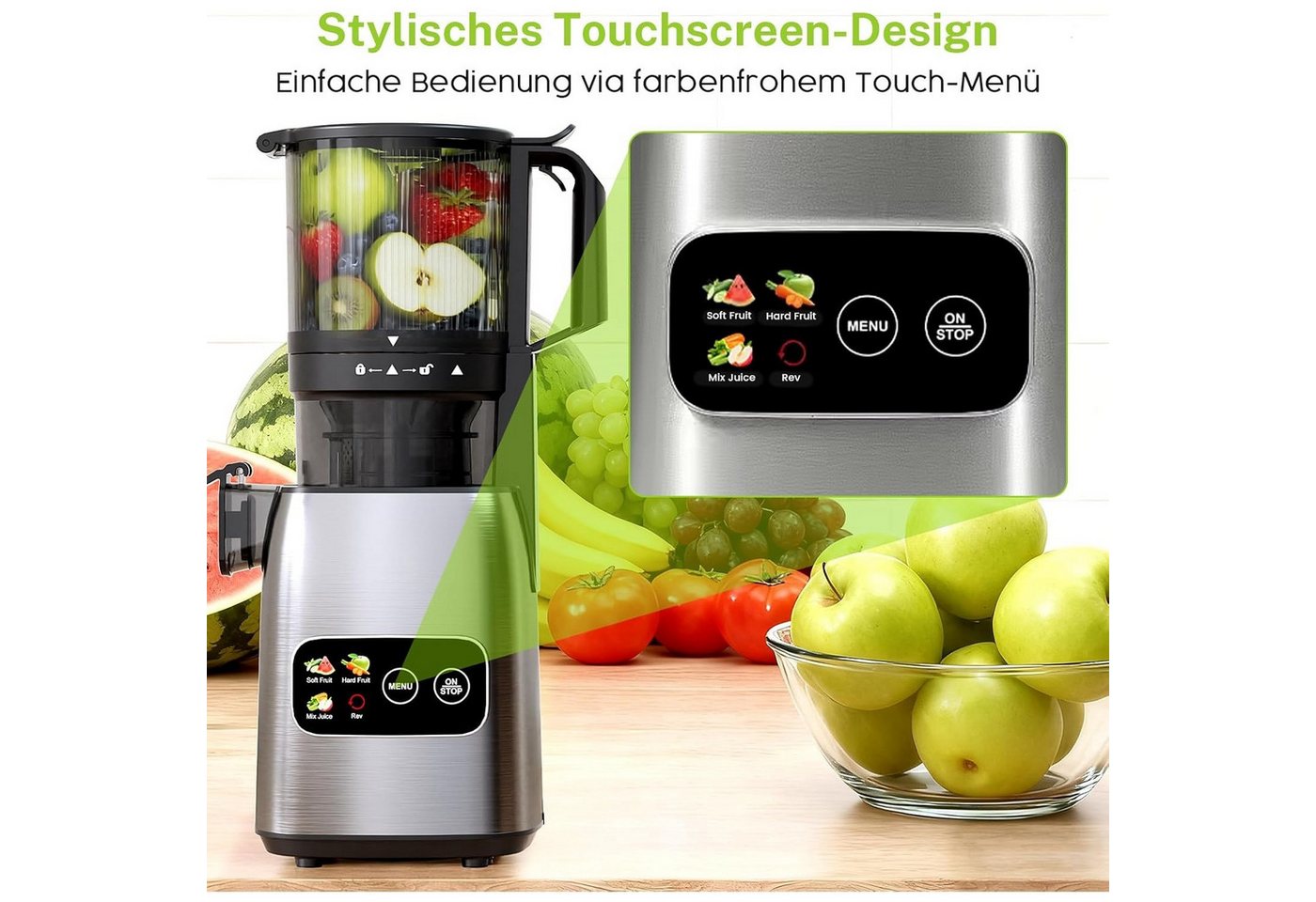 Kismile Entsafter mit modernem Touchscreen, 135 mm XXL-Einfüllschacht, 300 W, Hohe Saftausbeute für Gemüse & Obst, Schlankes Design – Bild 4 von 5