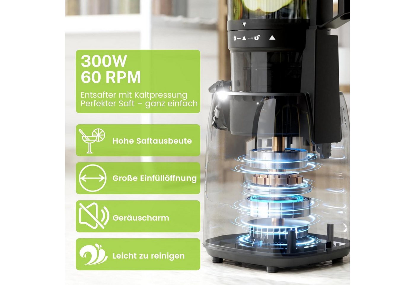 Kismile Entsafter mit modernem Touchscreen, 135 mm XXL-Einfüllschacht, 300 W, Hohe Saftausbeute für Gemüse & Obst, Schlankes Design – Bild 5 von 5