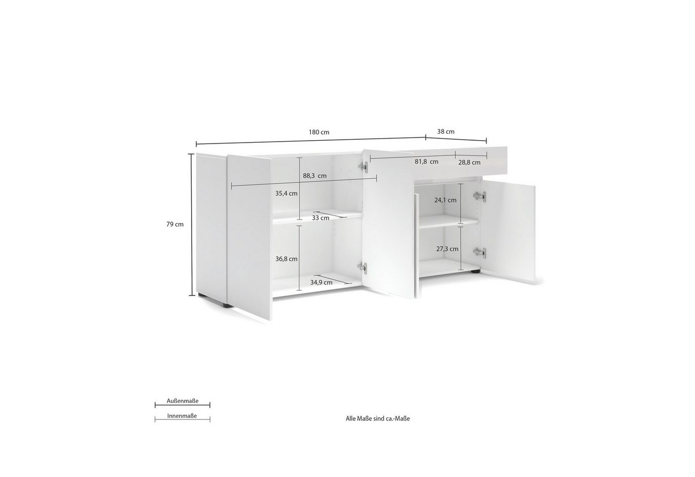 KITALY Sideboard in weiss, Lack Hochglanz - 180x80x38cm (BxHxT) – Bild 5 von 5
