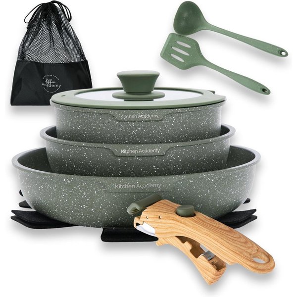 Kitchen Academy Pfannen-Set, (10-tlg, Pfanne 20cm/25cm, Stielkasserolle mit Deckel 18 cm, 2 Silikonspatel), Pfannenset mit abnehmbaren Griffen Töpfe und Pfannen