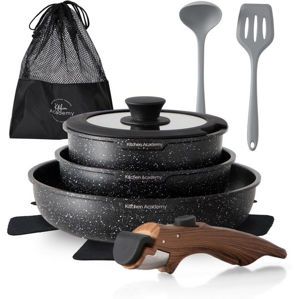 Kitchen Academy Pfannen-Set, (10-tlg, Pfanne 20cm/25cm, Stielkasserolle mit Deckel 18 cm, 2 Silikonspatel), Pfannenset mit abnehmbaren Griffen Töpfe und Pfannen