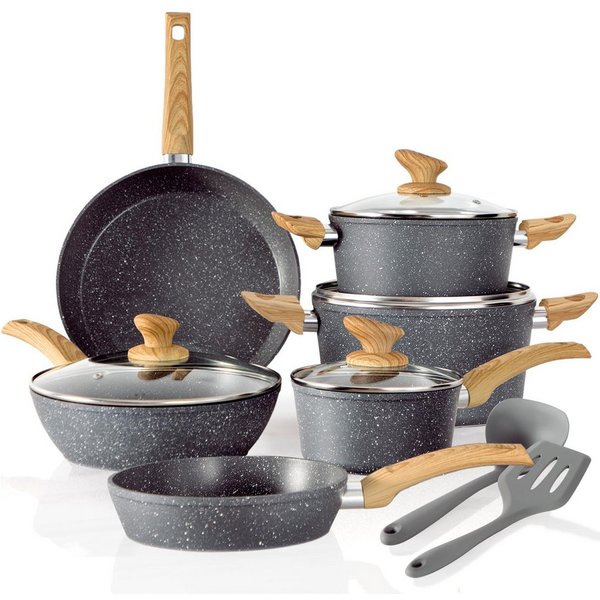 Kitchen Academy Topf-Set, Aluminium, Granit (12-tlg, Pfanne 20cm/28cm, Bratpfanne mit Deckel 24cm, Stielkasserolle mit Deckel 17cm/20cm/24cm, 2 Silikonspatel), 