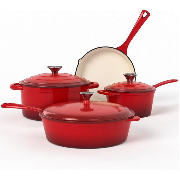 Kitchen Academy Topf-Set, 7-teilig Emailliert Gusseisen Topf und Pfannenset (Für alle Herdarten & Induktion), Optimale Wärmespeicherung, Mühelose & leichte Rein
