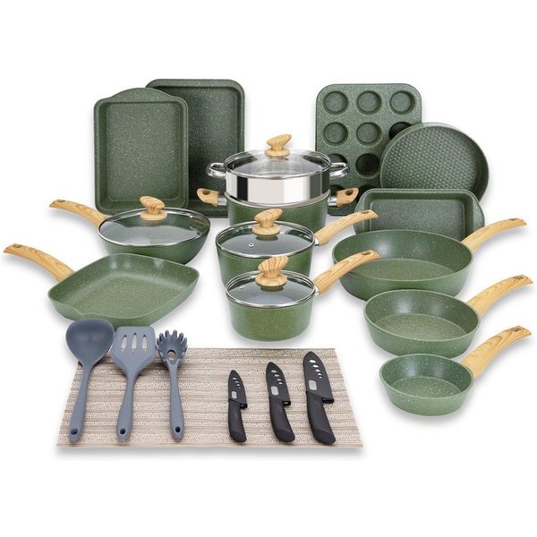 Kitchen Academy Topf-Set, Aluminium, Granit (30-tlg, Pfanne 14/20/24/28 cm, Wok 5 qt, Kasserolle 1,5/3/3 qt, 2 Backform, Kastenform, Rundeform, Muffinform, Sili