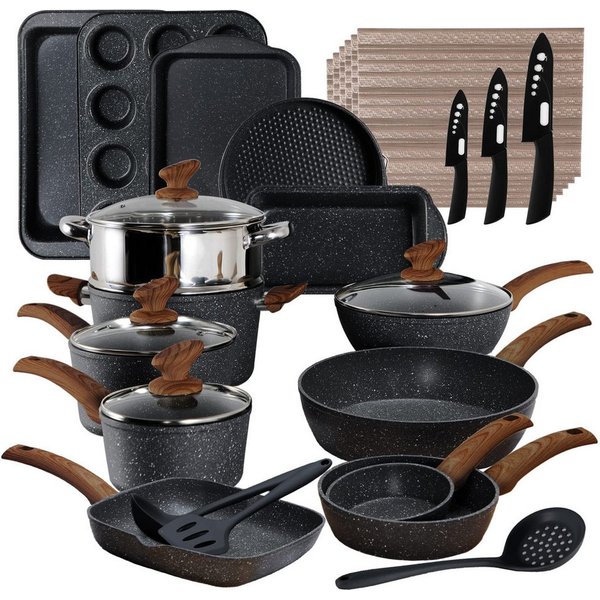 Kitchen Academy Topf-Set, Aluminium, Granit (30-tlg, Pfanne 14/20/24/28 cm, Wok 5 qt, Kasserolle 1,5/3/3 qt, 2 Backform, Kastenform, Rundeform, Muffinform, Sili