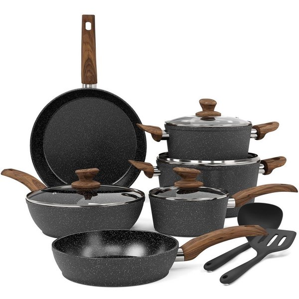 Kitchen Academy Topf-Set, Aluminium, Granit (12-tlg, Pfanne 20cm/28cm, Bratpfanne mit Deckel 24cm, Stielkasserolle mit Deckel 17cm/20cm/24cm, 2 Silikonspatel), 