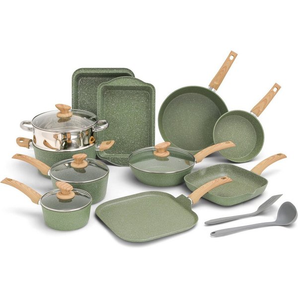 Kitchen Academy Topf-Set, Aluminium, Granit (17-tlg, Pfanne 20cm/28cm, Bratpfanne 24cm, Quadratische Bratpfanne 24cm/29cm, Kasserolle 1,5qt/3qt/5qt, 5qt Dampfga