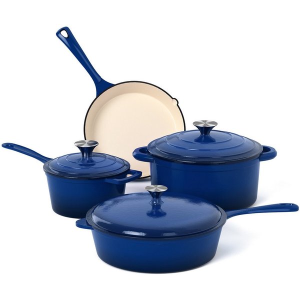 Kitchen Academy Topf-Set, 7-teilig Emailliert Gusseisen Topf und Pfannenset (Für alle Herdarten & Induktion), Optimale Wärmespeicherung, Mühelose & leichte Rein