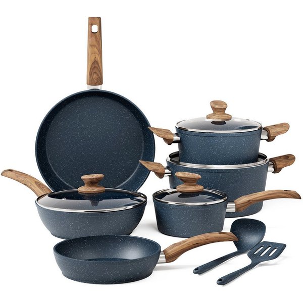 Kitchen Academy Topf-Set, Aluminium, Granit (12-tlg, Pfanne 20cm/28cm, Bratpfanne mit Deckel 24cm, Stielkasserolle mit Deckel 17cm/20cm/24cm, 2 Silikonspatel), 
