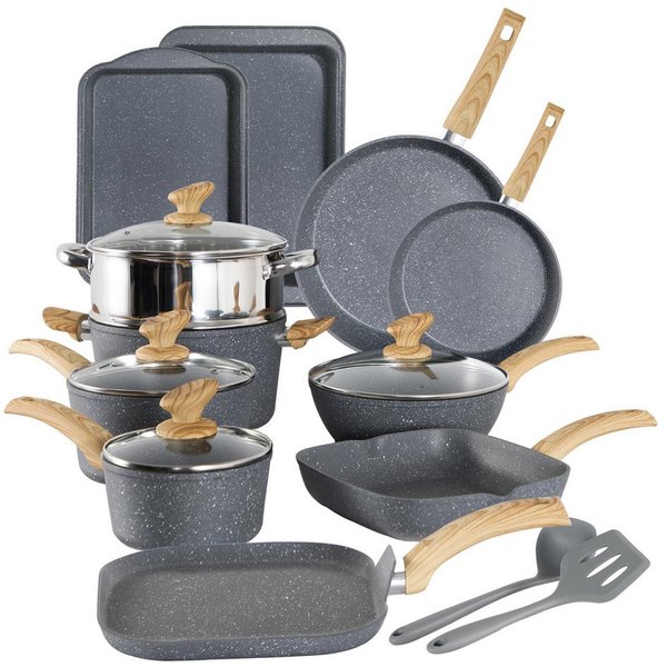 Kitchen Academy Topf-Set, Aluminium, Granit (17-tlg, Pfanne 20cm/28cm, Bratpfanne 24cm, Quadratische Bratpfanne 24cm/29cm, Kasserolle 1,5qt/3qt/5qt, 5qt Dampfga