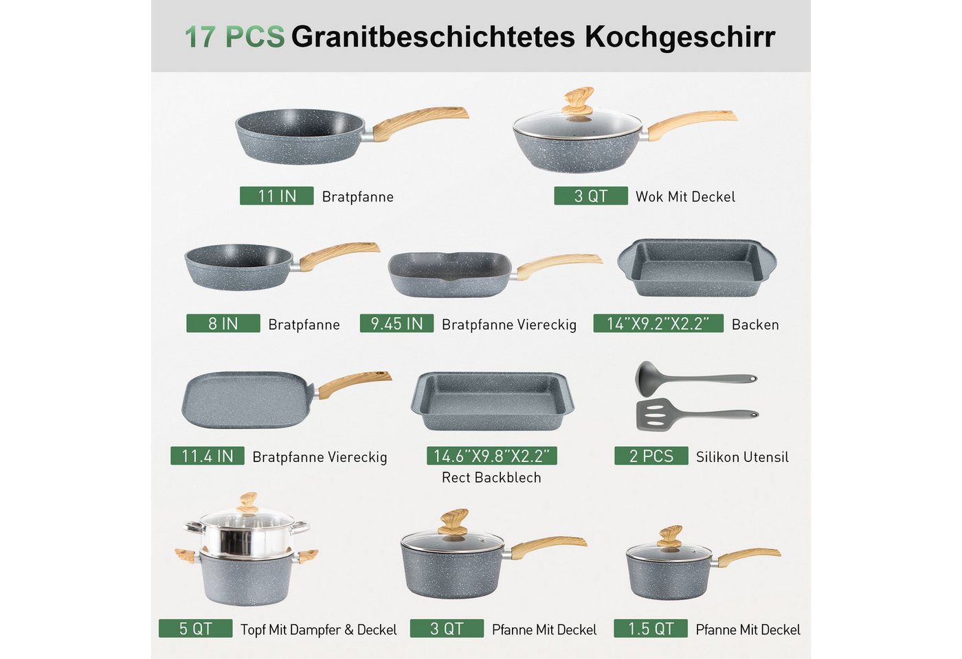 Kitchen Academy Topf-Set, Aluminium, Granit (17-tlg, Pfanne 20cm/28cm, Bratpfanne 24cm, Quadratische Bratpfanne 24cm/29cm, Kasserolle 1,5qt/3qt/5qt, 5qt Dampfga – Bild 2 von 5