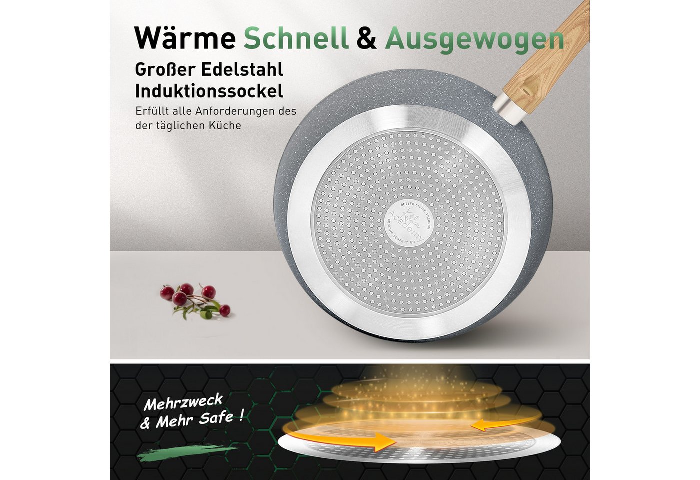 Kitchen Academy Topf-Set, Aluminium, Granit (17-tlg, Pfanne 20cm/28cm, Bratpfanne 24cm, Quadratische Bratpfanne 24cm/29cm, Kasserolle 1,5qt/3qt/5qt, 5qt Dampfga – Bild 5 von 5