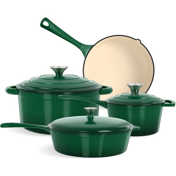 Kitchen Academy Topf-Set, 7-teilig Emailliert Gusseisen Topf und Pfannenset (Für alle Herdarten & Induktion), Optimale Wärmespeicherung, Mühelose & leichte Rein