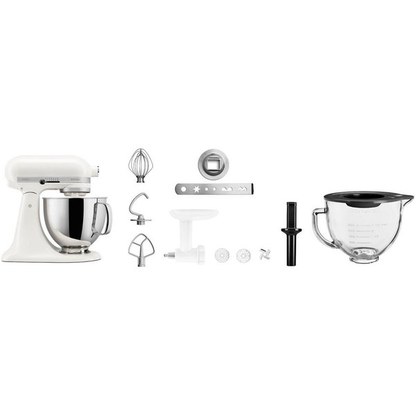 KitchenAid Küchenmaschine 5KSM125EPL+5KSM5GB+5KSMFGCA, 300 W, 4,8 l Schüssel, Set aus Küchenmaschine mit Glasschüssel und Fleischwolf