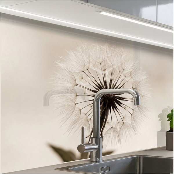 KitchenYeah Küchenrückwand Muster selbstklebend (keine Folie) Pusteblume - Minimalistisch - Weiß, (1-tlg), Spritzschutz, Küche, Rückwand, Küchenwand, Küchenfron