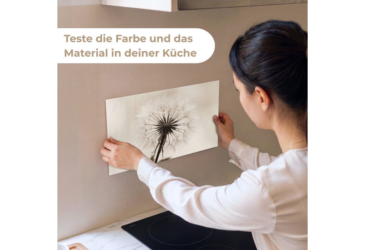 KitchenYeah Küchenrückwand Muster selbstklebend (keine Folie) Pusteblume - Minimalistisch - Weiß, (1-tlg), Spritzschutz, Küche, Rückwand, Küchenwand, Küchenfron – Bild 2 von 4
