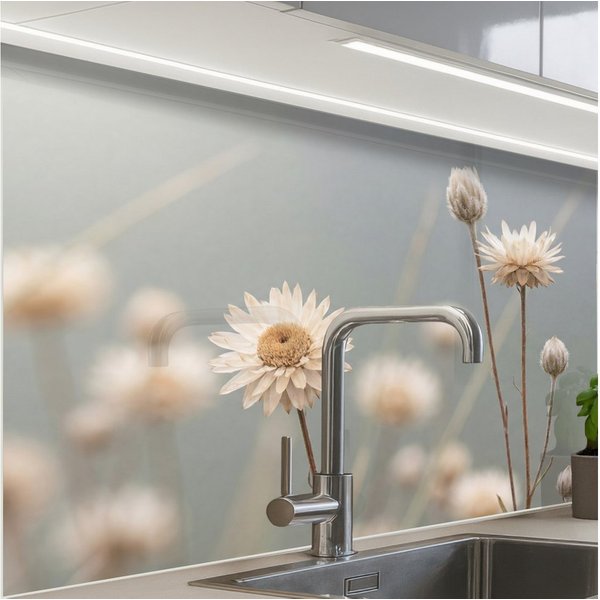 KitchenYeah Küchenrückwand Muster selbstklebend (keine Folie) Strohblumen - Weiß - Tageslicht, (1-tlg), Spritzschutz, Küche, Rückwand, Küchenwand, Küchenfront, 