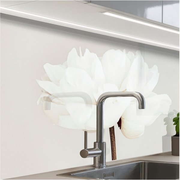 KitchenYeah Küchenrückwand Muster selbstklebend (keine Folie) Blumen - Pfingstrose - Weiß - Still, (1-tlg), Spritzschutz, Küche, Rückwand, Küchenwand, Küchenfro
