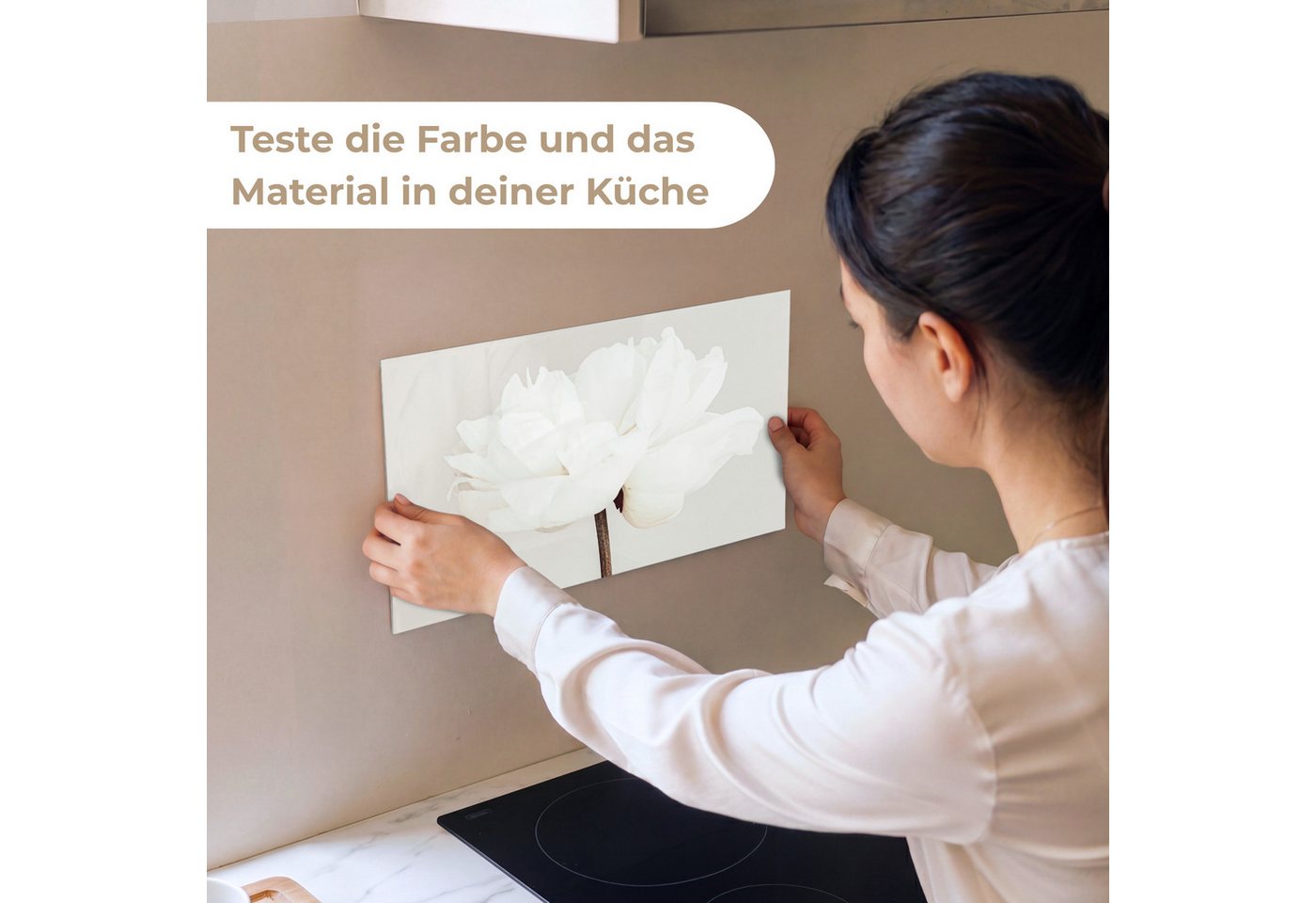KitchenYeah Küchenrückwand Muster selbstklebend (keine Folie) Blumen - Pfingstrose - Weiß - Still, (1-tlg), Spritzschutz, Küche, Rückwand, Küchenwand, Küchenfro – Bild 2 von 4