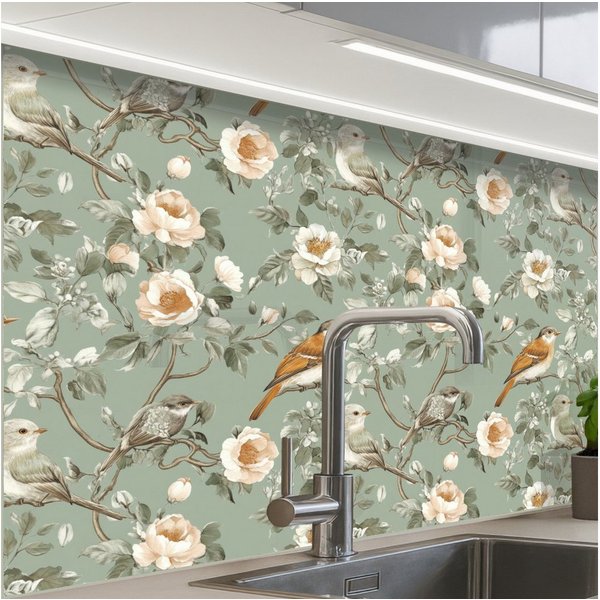 KitchenYeah Küchenrückwand Muster selbstklebend (keine Folie) Rosa - Vögel - Farbenfroh, (1-tlg), Spritzschutz, Küche, Rückwand, Küchenwand, Küchenfront, 30x20 