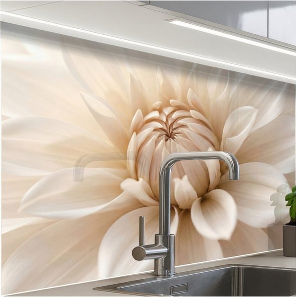 KitchenYeah Küchenrückwand Muster selbstklebend (keine Folie) Blume - Dahlie - Weiß, (1-tlg), Spritzschutz, Küche, Rückwand, Küchenwand, Küchenfront, 30x20 cm