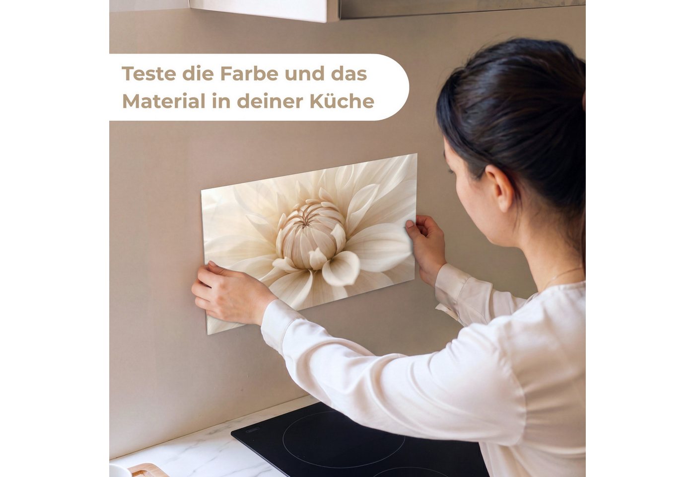 KitchenYeah Küchenrückwand Muster selbstklebend (keine Folie) Blume - Dahlie - Weiß, (1-tlg), Spritzschutz, Küche, Rückwand, Küchenwand, Küchenfront, 30x20 cm – Bild 2 von 4