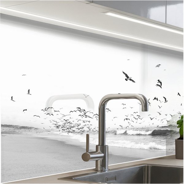 KitchenYeah Küchenrückwand Muster selbstklebend (keine Folie) Strand - Meer - Wellen - Vögel - Na, (1-tlg), Spritzschutz, Küche, Rückwand, Küchenwand, Küchenfro