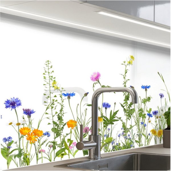 KitchenYeah Küchenrückwand Muster selbstklebend (keine Folie) Blumen - Feldblumen - Frühling, (1-tlg), Spritzschutz, Küche, Rückwand, Küchenwand, Küchenfront, 3