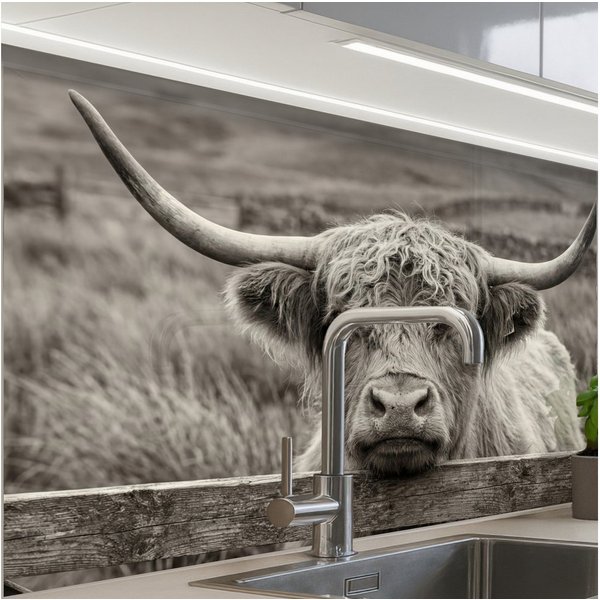 KitchenYeah Küchenrückwand Muster selbstklebend (keine Folie) Schottischer Highlander - Schwarz -, (1-tlg), Spritzschutz, Küche, Rückwand, Küchenwand, Küchenfro