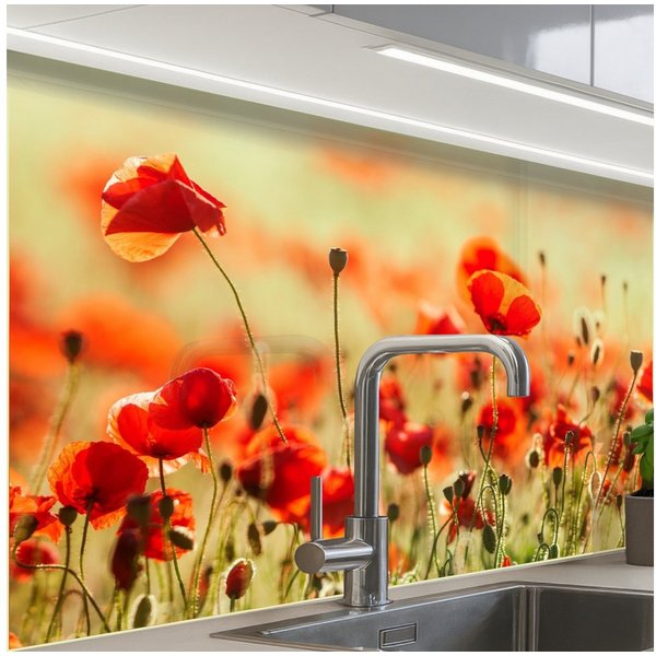KitchenYeah Küchenrückwand Muster selbstklebend (keine Folie) Mohnblumen - Blumen - Rot - Blumenf, (1-tlg), Spritzschutz, Küche, Rückwand, Küchenwand, Küchenfro