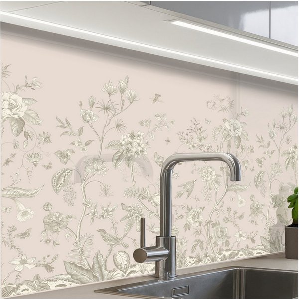 KitchenYeah Küchenrückwand Muster selbstklebend (keine Folie) Blumen - Beige - Botanisch - Vintag, (1-tlg), Spritzschutz, Küche, Rückwand, Küchenwand, Küchenfro