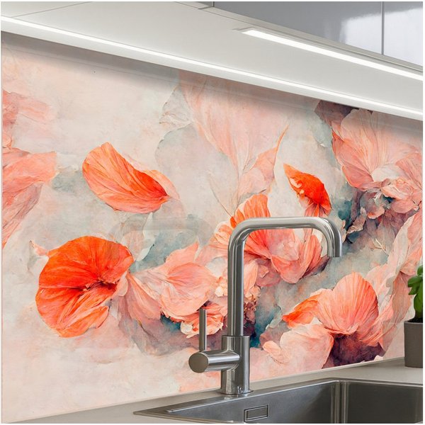 KitchenYeah Küchenrückwand Muster selbstklebend (keine Folie) Blumen - Blätter - Pflanzen - Rosa, (1-tlg), Spritzschutz, Küche, Rückwand, Küchenwand, Küchenfron