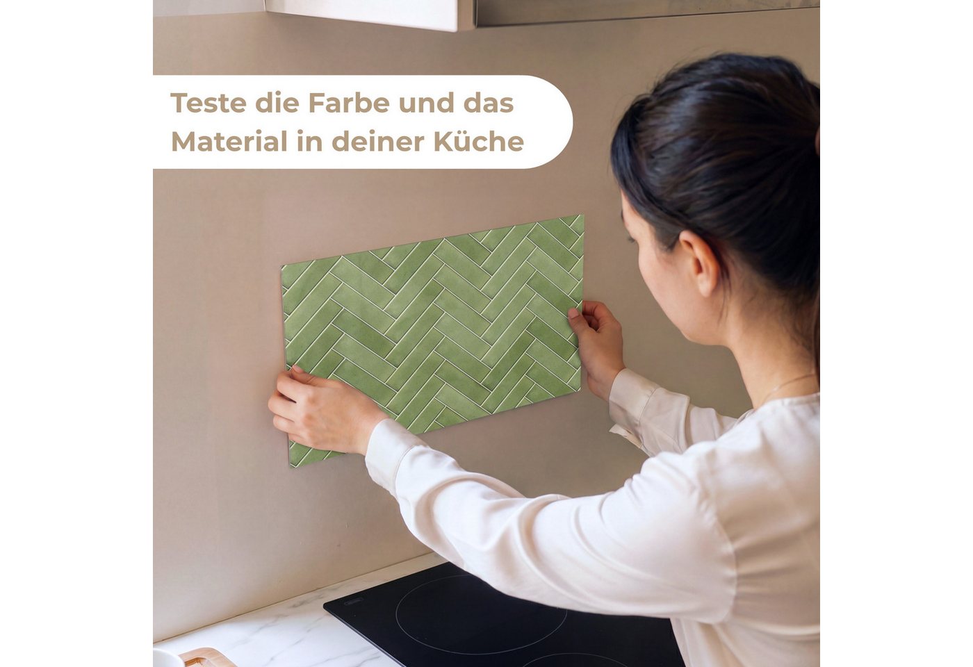 KitchenYeah Küchenrückwand Muster selbstklebend (keine Folie) Fischgrätmuster - Fliesen - Olivgrü, (1-tlg), Spritzschutz, Küche, Rückwand, Küchenwand, Küchenfro – Bild 2 von 4