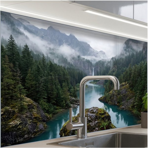 KitchenYeah Küchenrückwand Muster selbstklebend (keine Folie) Wasserfall - Bäume - Berge, (1-tlg), Spritzschutz, Küche, Rückwand, Küchenwand, Küchenfront, 30x20