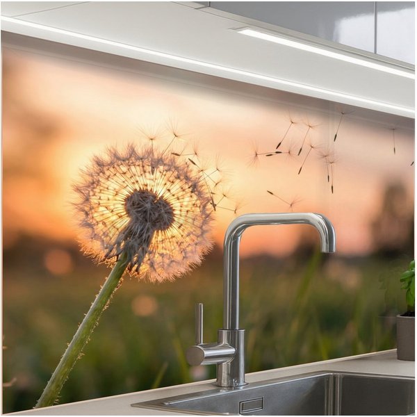 KitchenYeah Küchenrückwand Muster selbstklebend (keine Folie) Löwenzahn - Sonnenuntergang - Feld, (1-tlg), Spritzschutz, Küche, Rückwand, Küchenwand, Küchenfron