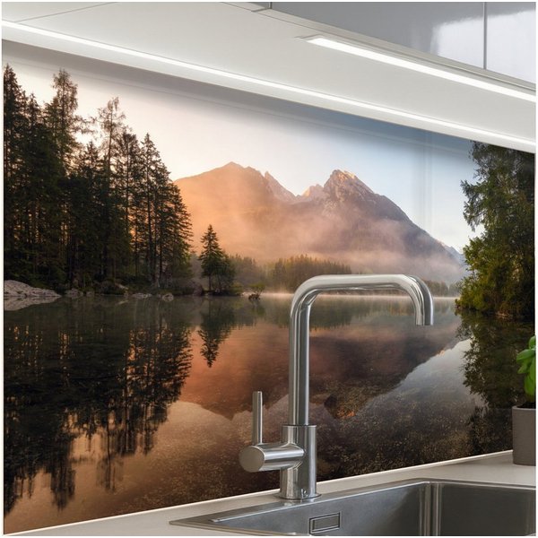 KitchenYeah Küchenrückwand Muster selbstklebend (keine Folie) Landschaft - Nebel - Wasser - Bäume, (1-tlg), Spritzschutz, Küche, Rückwand, Küchenwand, Küchenfro