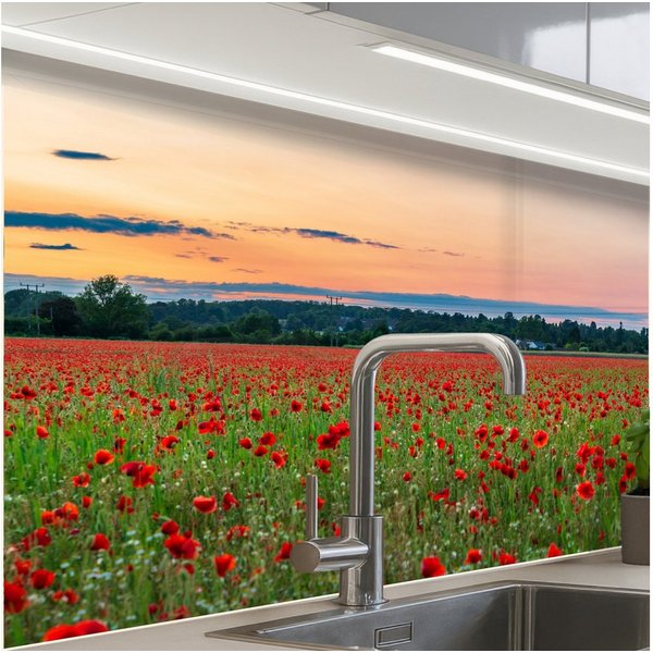 KitchenYeah Küchenrückwand Muster selbstklebend (keine Folie) Mohnblumen - Landschaft - Rot - Blu, (1-tlg), Spritzschutz, Küche, Rückwand, Küchenwand, Küchenfro