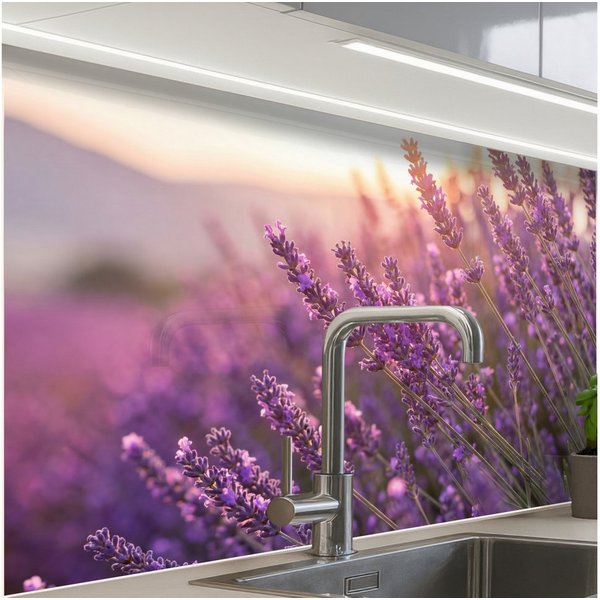 KitchenYeah Küchenrückwand Muster selbstklebend (keine Folie) Lavendel - Lila - Sonnenlicht, (1-tlg), Spritzschutz, Küche, Rückwand, Küchenwand, Küchenfront, 30