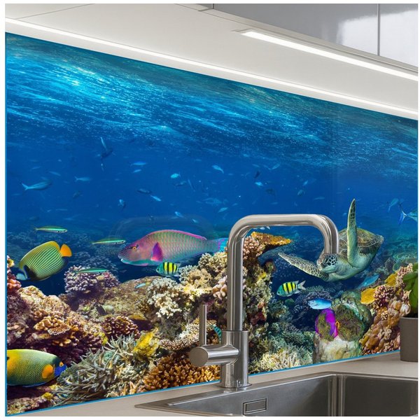 KitchenYeah Küchenrückwand Muster selbstklebend (keine Folie) Unterwasserlandschaft - Fisch - Sch, (1-tlg), Spritzschutz, Küche, Rückwand, Küchenwand, Küchenfro