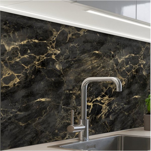 KitchenYeah Küchenrückwand Muster selbstklebend (keine Folie) Schwarz - Marmor - Gold - Nerf, (1-tlg), Spritzschutz, Küche, Rückwand, Küchenwand, Küchenfront, 3