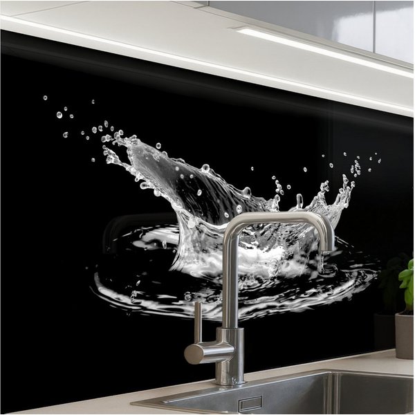 KitchenYeah Küchenrückwand Muster selbstklebend (keine Folie) Wasser - Splash - Wasser - Schwarz, (1-tlg), Spritzschutz, Küche, Rückwand, Küchenwand, Küchenfron