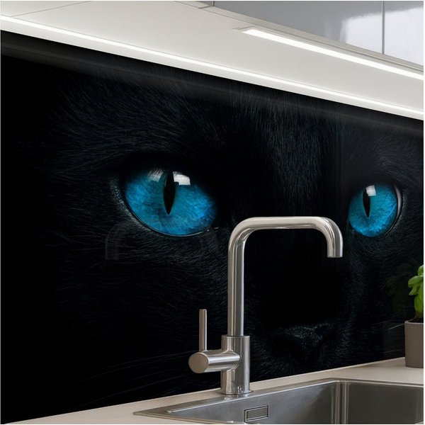 KitchenYeah Küchenrückwand Muster selbstklebend (keine Folie) Katze - Blau - Tier - Schwarz, (1-tlg), Spritzschutz, Küche, Rückwand, Küchenwand, Küchenfront, 30