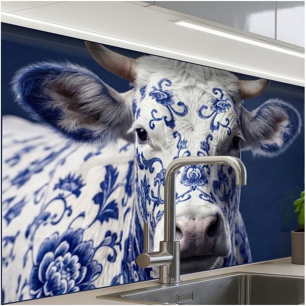 KitchenYeah Küchenrückwand Muster selbstklebend (keine Folie) Kuh - Delfts - Blau - Künstlerisch, (1-tlg), Spritzschutz, Küche, Rückwand, Küchenwand, Küchenfron