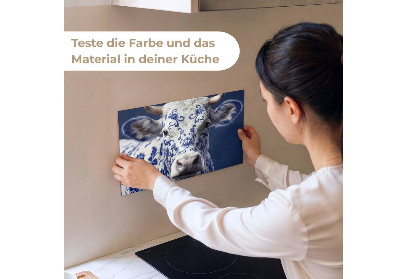 KitchenYeah Küchenrückwand Muster selbstklebend (keine Folie) Kuh - Delfts - Blau - Künstlerisch, (1-tlg), Spritzschutz, Küche, Rückwand, Küchenwand, Küchenfron – Bild 2 von 4