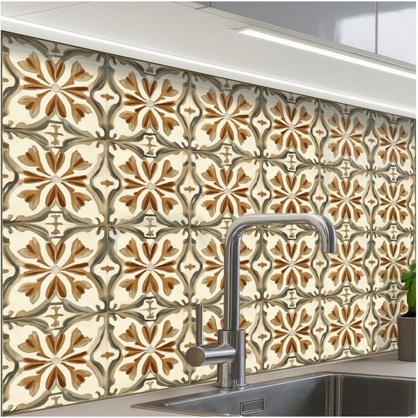 KitchenYeah Küchenrückwand Muster selbstklebend (keine Folie) Ornamentale Fliesen - Muster - Brau, (1-tlg), Spritzschutz, Küche, Rückwand, Küchenwand, Küchenfro