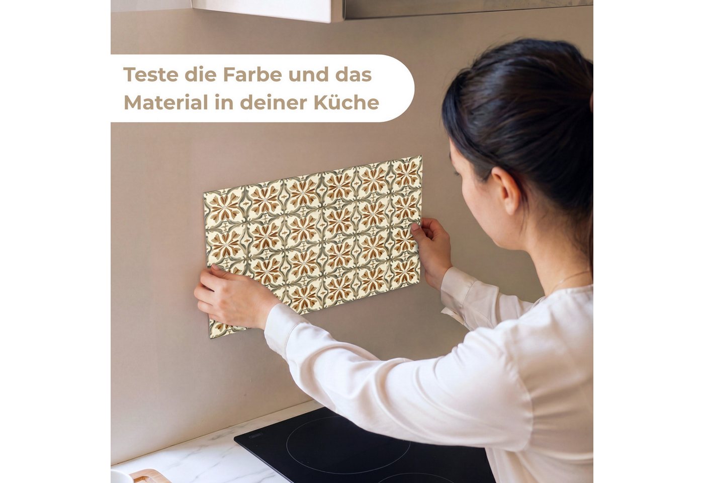 KitchenYeah Küchenrückwand Muster selbstklebend (keine Folie) Ornamentale Fliesen - Muster - Brau, (1-tlg), Spritzschutz, Küche, Rückwand, Küchenwand, Küchenfro – Bild 2 von 4