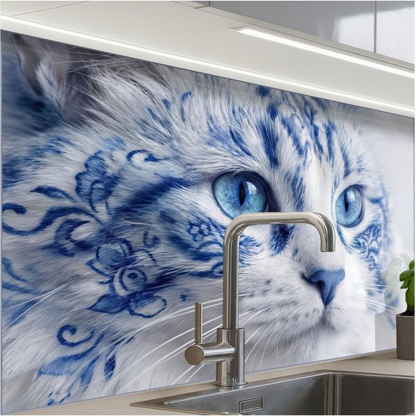 KitchenYeah Küchenrückwand Muster selbstklebend (keine Folie) Katze - Muster - Blau, (1-tlg), Spritzschutz, Küche, Rückwand, Küchenwand, Küchenfront, 30x20 cm