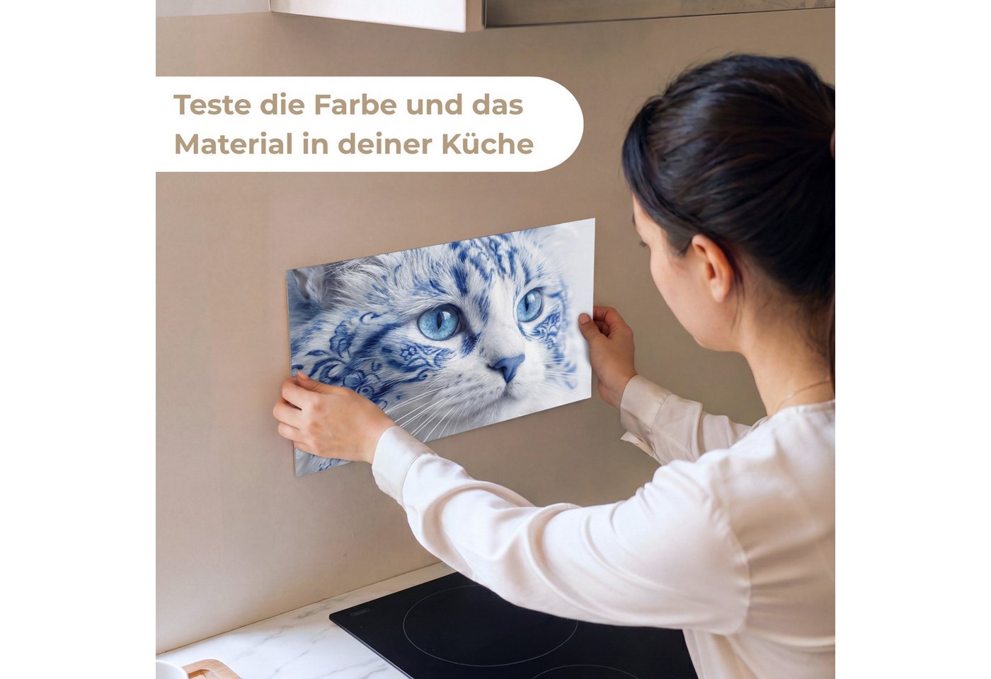 KitchenYeah Küchenrückwand Muster selbstklebend (keine Folie) Katze - Muster - Blau, (1-tlg), Spritzschutz, Küche, Rückwand, Küchenwand, Küchenfront, 30x20 cm – Bild 2 von 4