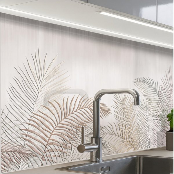 KitchenYeah Küchenrückwand Muster selbstklebend (keine Folie) Blätter - Beige - Botanisch - Vinta, (1-tlg), Spritzschutz, Küche, Rückwand, Küchenwand, Küchenfro